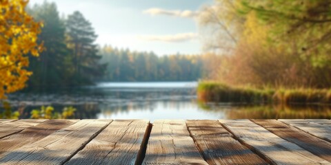 Calm sunny evening in nature with view to lake, river water and forest, park trees. Table top with copy space for product advertising