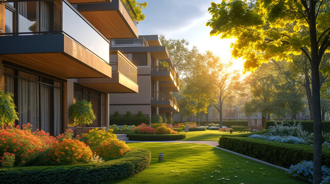 A sunny day view of a modern apartment building with a landscaped garden in the foreground