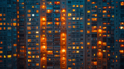 Twilight over a high-rise apartment complex with lights turning on in various units