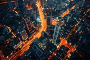 Fototapeta na wymiar Aerial view of a bustling commercial district at twilight, city lights