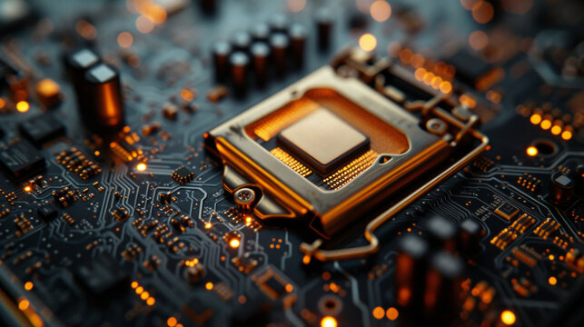 A close-up of a motherboard's intricate layout, an ode to technological complexity