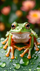 Obraz premium Frog on Lotus Leaf with Morning Dew