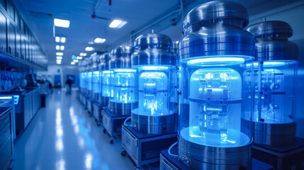 Advanced cryogenic storage system with illuminated chambers in a tech facility. Cryogenic Chambers for freezing bodies