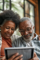 Obraz premium Senior african american couple holding digital tablet during video call with family. Couple enjoying a video chatting session with their family, staying in touch with their family.