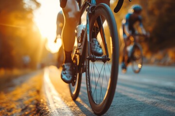 Close up of a bicycle of a group of cyclists on the road at sunset