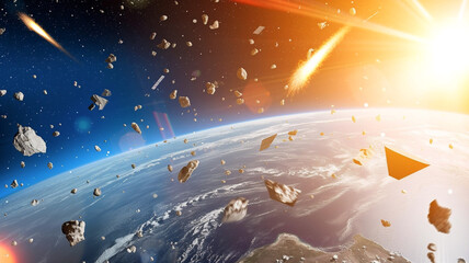 Space debris in Earth orbit, dangerous junk orbiting around the earth planet. Floating in space or earth atmosphere, galactic junk.
 - obrazy, fototapety, plakaty