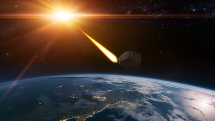 A comet, an asteroid, a meteorite, flying to Earth on starry night sky.

