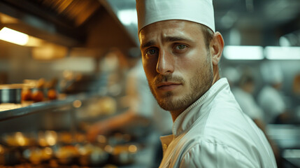 A headshot of a chef in a kitchen environment, highlighting their culinary skills and love for food. - obrazy, fototapety, plakaty
