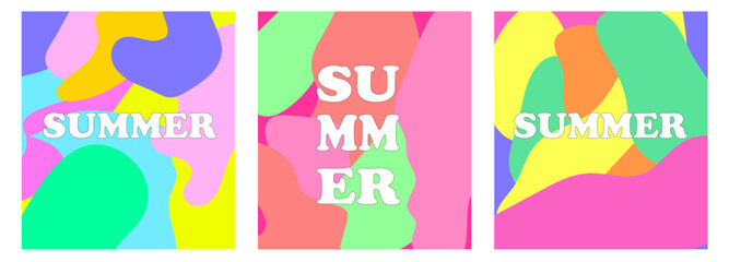 Fototapeta na wymiar Creative concept of summer bright and juicy cards set. Modern abstract art design with liquid shapes with overlay effect. Templates for celebration, ads, branding, banner, cover, label, poster