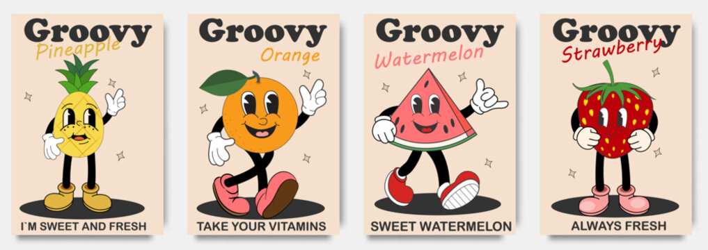 Groovy 70s posters with retro fruits cartoon characters.  Strawberry, watermelon, pineapple, Orange. Cartoon characters in trendy retro style, comic mascot characters