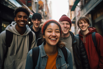 Multi-ethnic students smiling at camera in the street