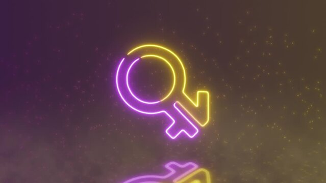 Neon Intergender Symbol Icon with a Particle Background. Gender Indicator. Gender Diversity and Equality. Neon Sign. Neon Yellow and Pink Intergender Sign