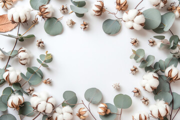 Frame made of eucalyptus branches, cotton flowers, dried leaves on pastel gray background. Autumn, fall concept. Flat lay, top view, copy space.