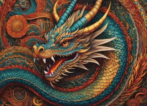 Majestic colorful dragon among bright colors