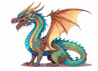 Dragon with ornate scales on white background