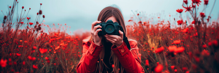 Woman in a red jacket with a camera in a field with red flowers under a cloudy sky