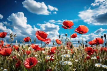 Naklejka premium Vivid red poppies and white daisies under a blue sky with fluffy clouds