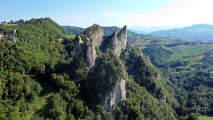 The pinnacles of rocks stand out in the Park of Sassi di Rocca Malatina. Modena, Vignola,...