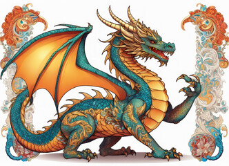 Obraz premium Dragon with ornate scales on white background