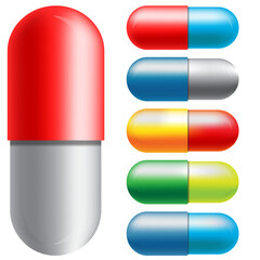 Multi Coloured Tablet designs, realistic looking, suitable for Medical or Pharmaceutical concepts