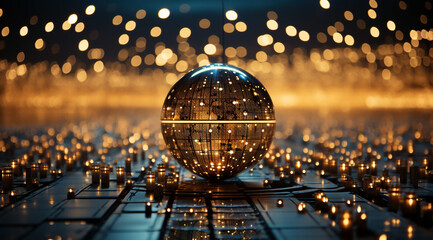 Fototapeta na wymiar A future cityscape view through a golden color transparent glass globe sphere on the floor with architectural town background at the back drop and blurred bright lights dots 