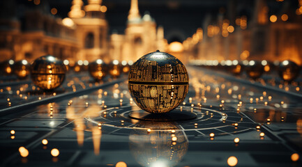 A future cityscape view through a golden color transparent glass globe sphere on the floor with architectural town background at the back drop and blurred bright lights dots    - obrazy, fototapety, plakaty