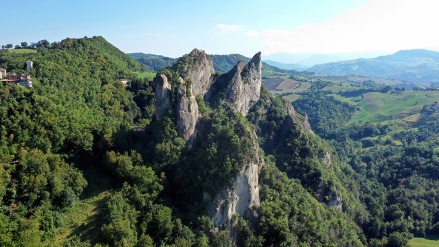 The pinnacles of rocks stand out in the Park of Sassi di Rocca Malatina. Modena, Vignola, Roccamalatina, Italy