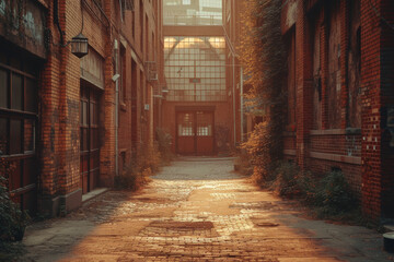 A shot of an urban alley with buildings in shades of sepia, evoking a nostalgic atmosphere and showcasing the timelessness of city architecture. Concept of vintage urban aesthetics. Generative Ai.