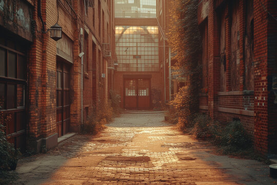 Fototapeta A shot of an urban alley with buildings in shades of sepia, evoking a nostalgic atmosphere and showcasing the timelessness of city architecture. Concept of vintage urban aesthetics. Generative Ai.