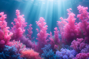 An abstract shot of a coral reef in shades of coral pink, showcasing the diverse and vibrant marine life within a single color range. Concept of monochromatic underwater ecosystems. Generative Ai.