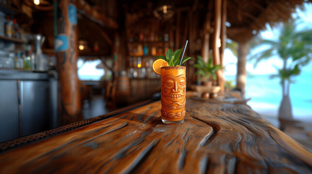 Delicious, cold tropical Tiki Drink sits at the bar at a Beachside Tiki Bar paradise