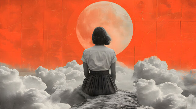 Creative collage composition of peaceful young woman from back sitting on the cloud and watching the sky with the Moon. Surreal artistic poster. Grayscale and red colors.