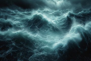 A dramatic shot of a stormy ocean in varying tones of deep navy, conveying the power and unpredictability of the sea. Concept of monochromatic maritime storms. Generative Ai.