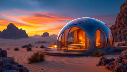  Luxury Desert Glamping or Geo-Domes. Igloo tents in sunset landscape.
