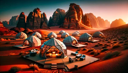 Cercles muraux Brun Luxury Desert Glamping in Jordan. Igloo tents in sunset landscape.