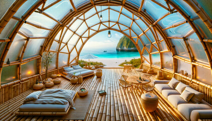 Eco-friendly igloo hotel crafted from sustainable materials like bamboo and recycled glass. Panoramic Ocean View