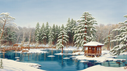 Winter landscape with lake shore, forest and red oriental pavilion in traditional Asian style.