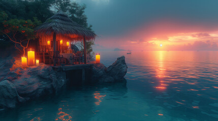 Beautiful seaside hut at sunset with candles and tropical cocktails that resembles a tiki bar or tiki hut