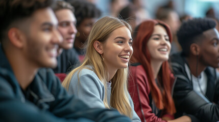 Obraz premium A group of students engaged in a lively discussion in a modern university lecture hall, their animated gestures and expressions reflecting their enthusiasm for learning and intelle