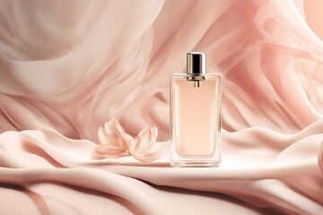 Product mockup for bottle of perfume on flowing abstract delicate cloth background. Cosmetic mockup background in pastel color mockup  HD .