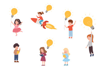 Children with lamps, set of vector illustrations isolated on white