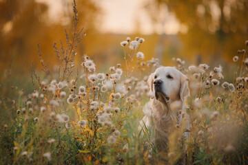 A golden retriever walks along a yellow alley in the park in autumn. Active recreation, playing...
