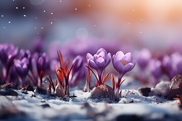 minimalistic design Crocuses - blooming purple flowers making their way from under the snow in early spring - obrazy, fototapety, plakaty
