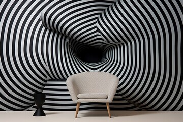 A visually striking optical illusion wallpaper with bold patterns and contrasting colors, creating a dynamic and modern focal point