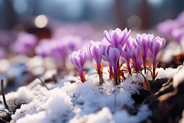 minimalistic design Crocuses - blooming purple flowers making their way from under the snow in...