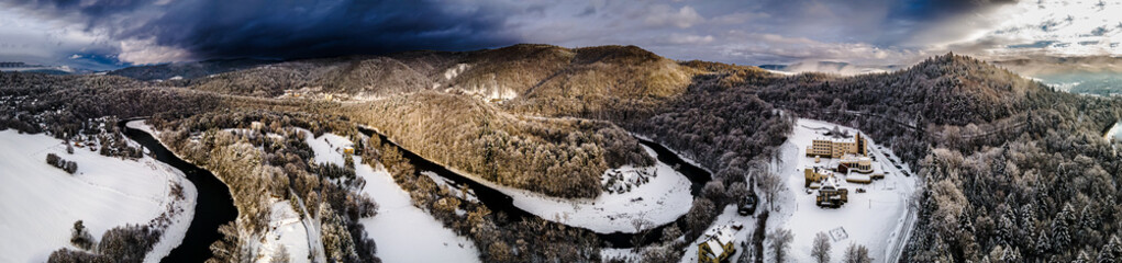 Panorama.Aerial view of the Poprad Landscape Park in Beskid Sadecki on a snowy ,winter day.