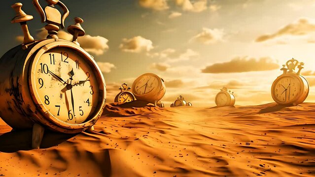 Abstract time related concept with old clocks in the desert