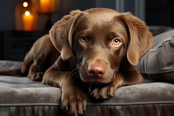 minimalistic design Cute Labrador dog sitting on sofa at home