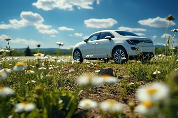 minimalistic design Eco friendly car development; clear ecology driving; no pollution and emmission transportation concept. green car icon on fresh spring meadow with blue sky in background - Powered by Adobe