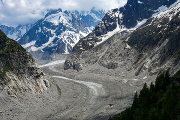 Mer de Glace glacier aerial drone view, popular tourist attraction in Chamonix, France